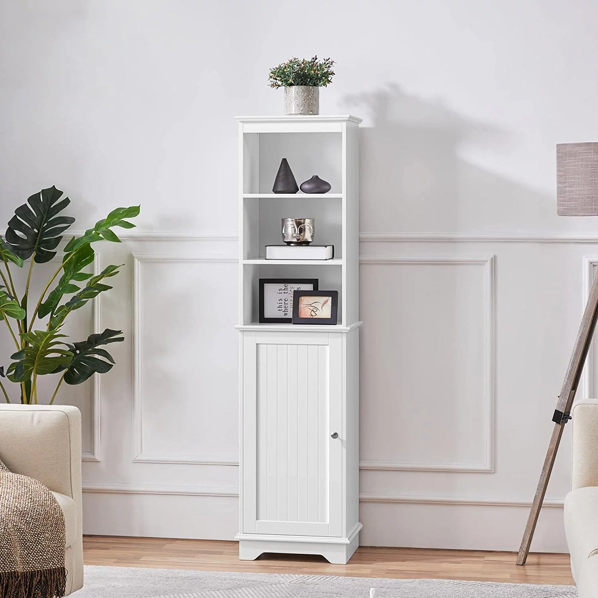 Tall White Bathroom Floor Cabinet with 3 Shelves G3134