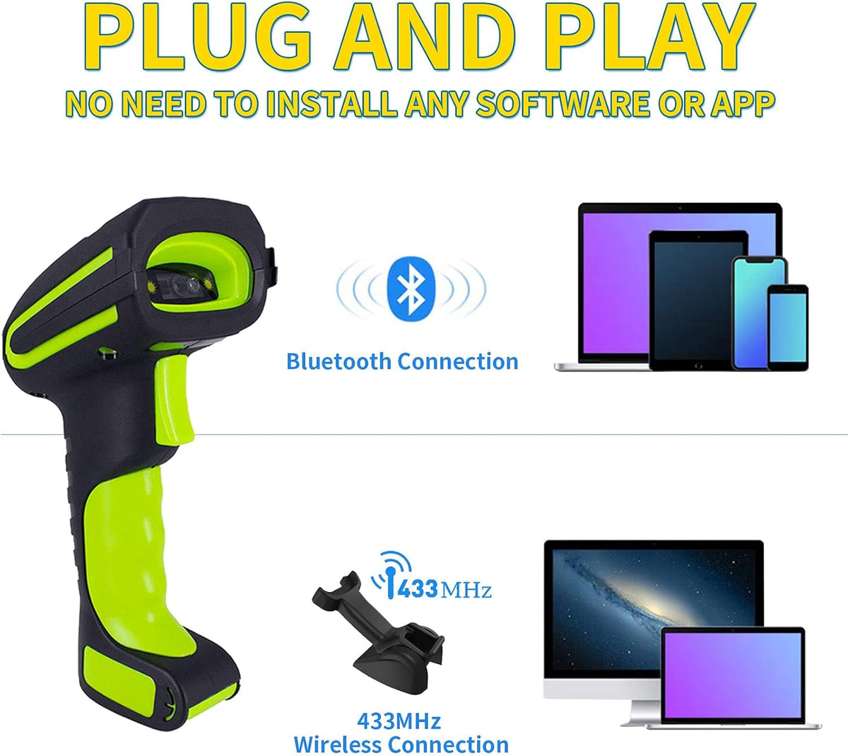 2D Industrial Barcode Scanner with Wireless Charging Stand, 433Mhz Wireless & Bluetooth 2in1, Pack of 2 N77336