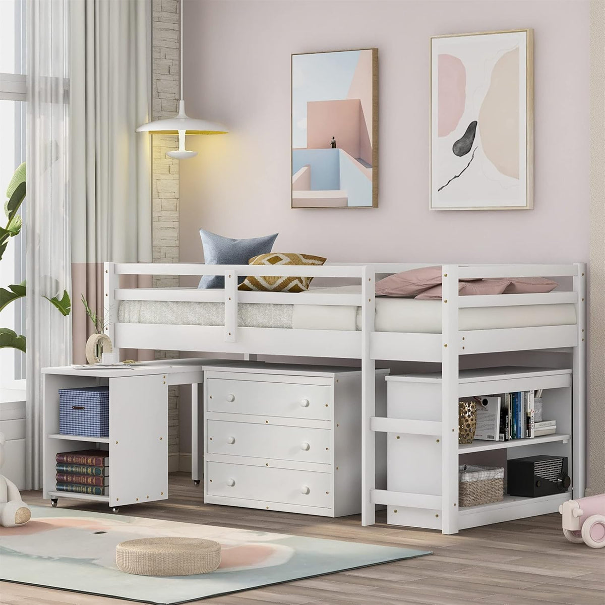 Twin Size Espresso Loft Bed with Desk and Storage Cabinet R8502