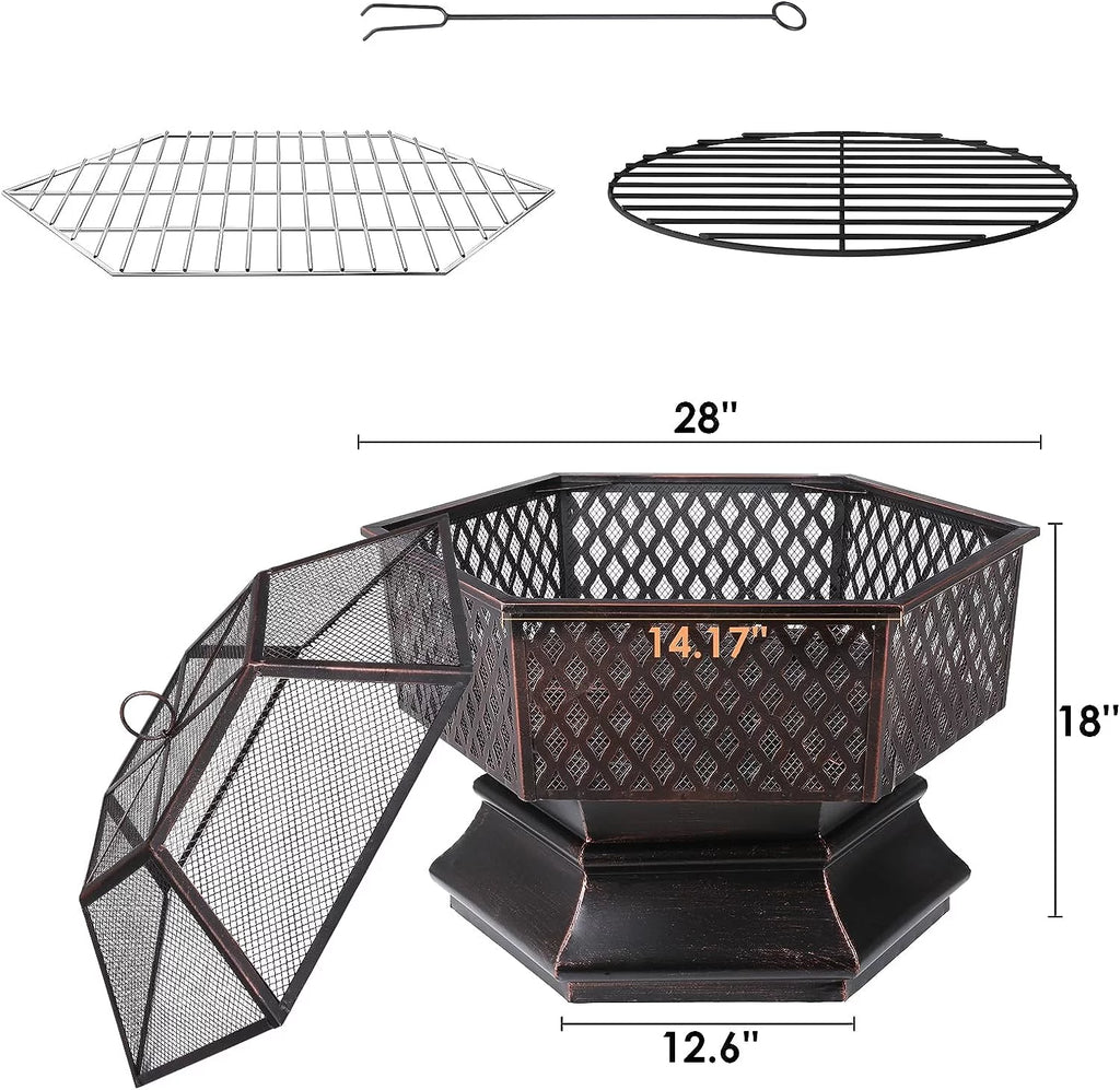 28'' Hex Shaped Steel Wood Burning Fire Pit with Spark Screen & Fire Poker A40958
