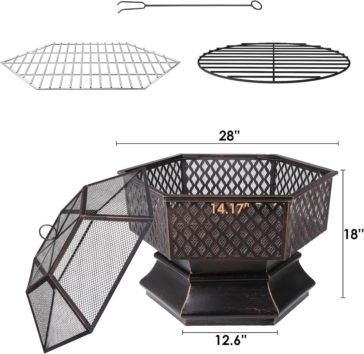 28'' Hex Shaped Steel Wood Burning Fire Pit with Spark Screen & Fire Poker A40958
