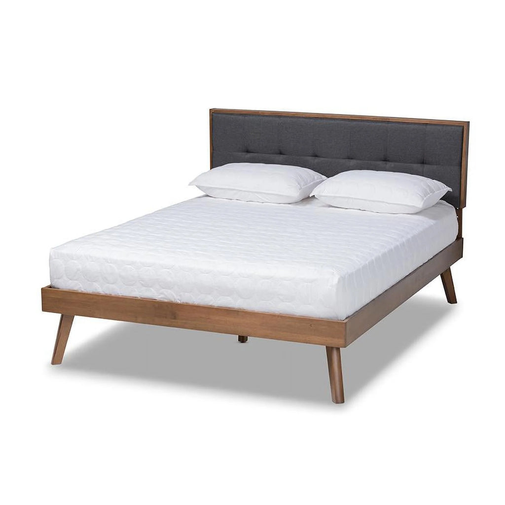 Light Grey Fabric Upholstered Walnut Brown Wood Queen Size Platform Bed H10827