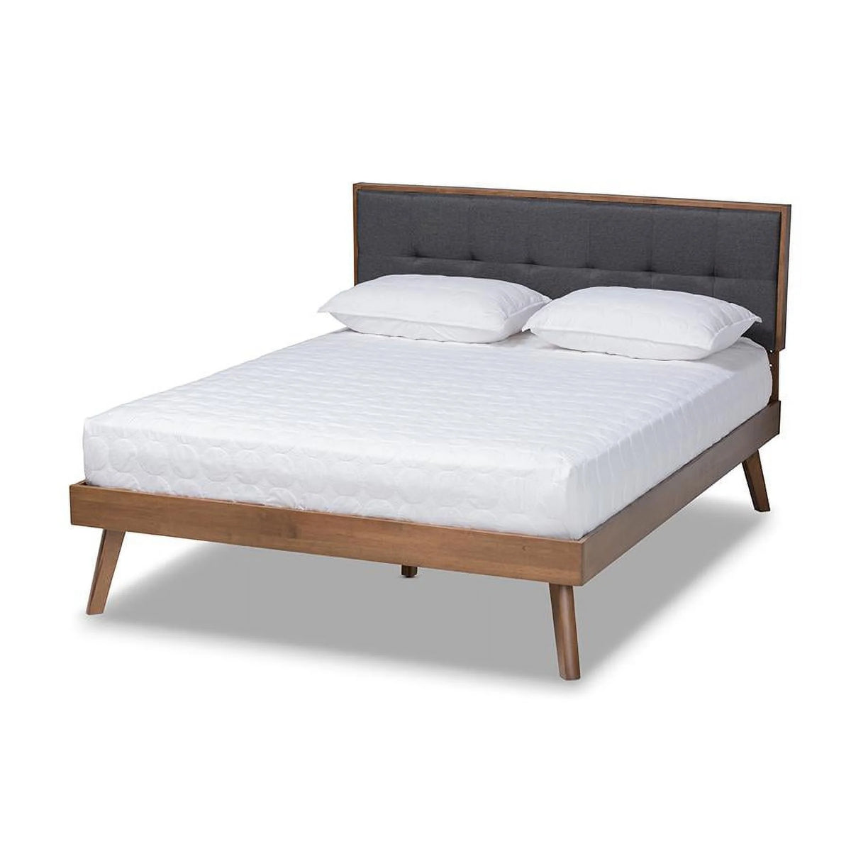 Light Grey Fabric Upholstered Walnut Brown Wood Queen Size Platform Bed H10827