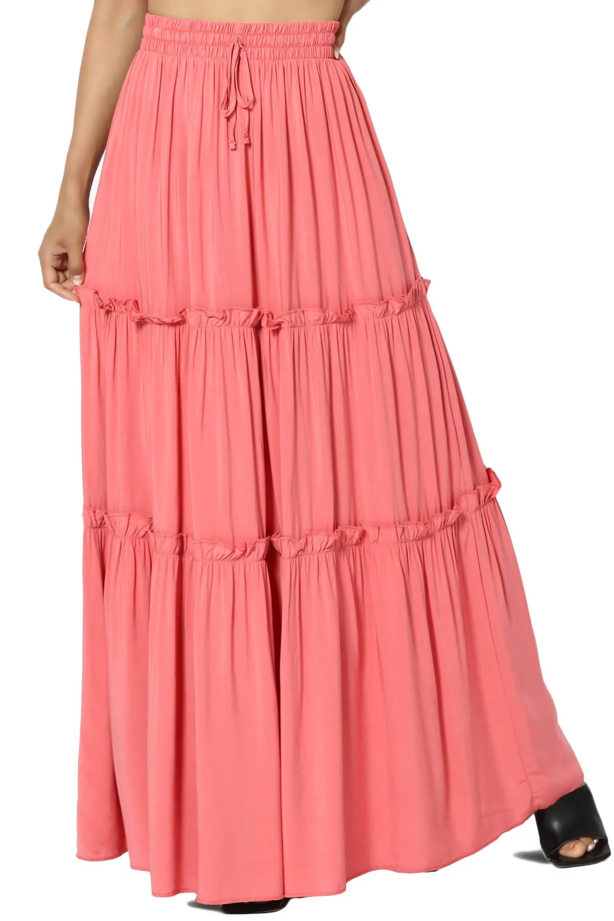 Ruffle Tiered Drawstring High Rise A-Line Maxi Skirt Y28077