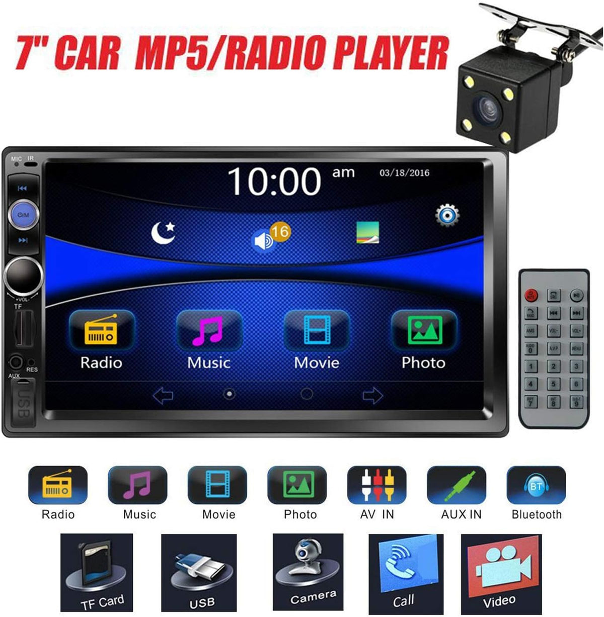 Double Din 7 Touchscreen Car Stereo with Bluetooth FM AM Radio MP3 USB AUX Rear View Camera H666945