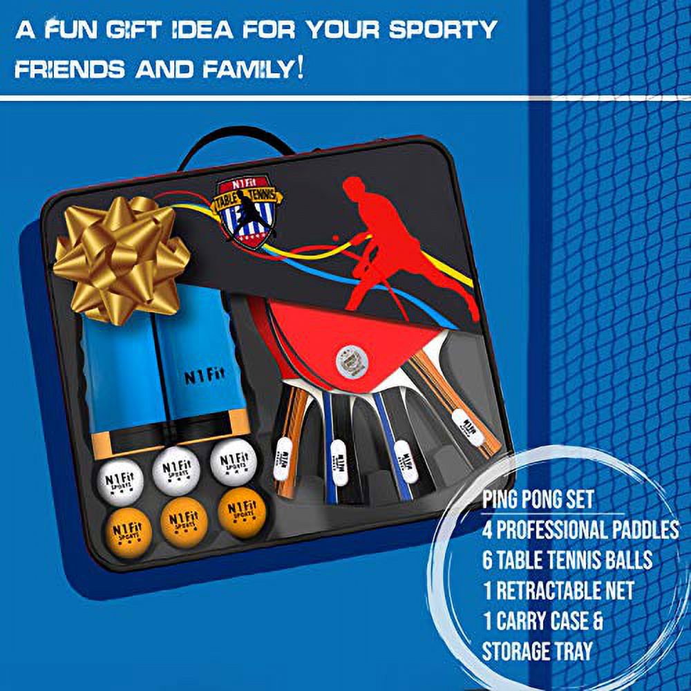 4 Professional Table Tennis Rackets, Retractable Net, 6 Balls, Carry Case E28453