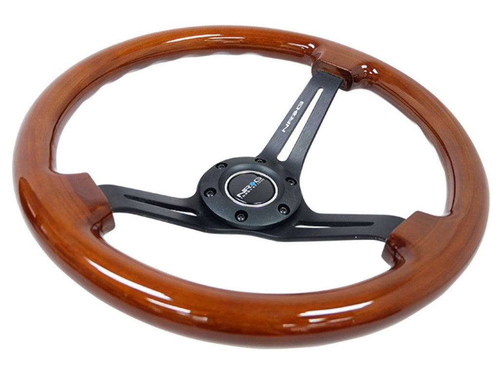 3-Spoke 350mm Brown Wood Grain Steering Wheel with Black Matte Spokes W650