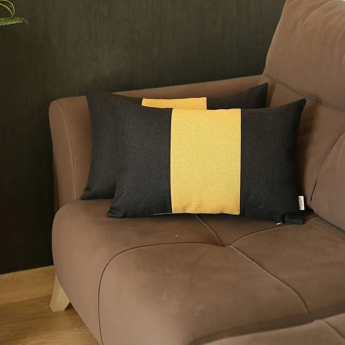 Set Of Two 20" X 12" Black And Yellow Geometric Polyester Lumbar Pillow M97614