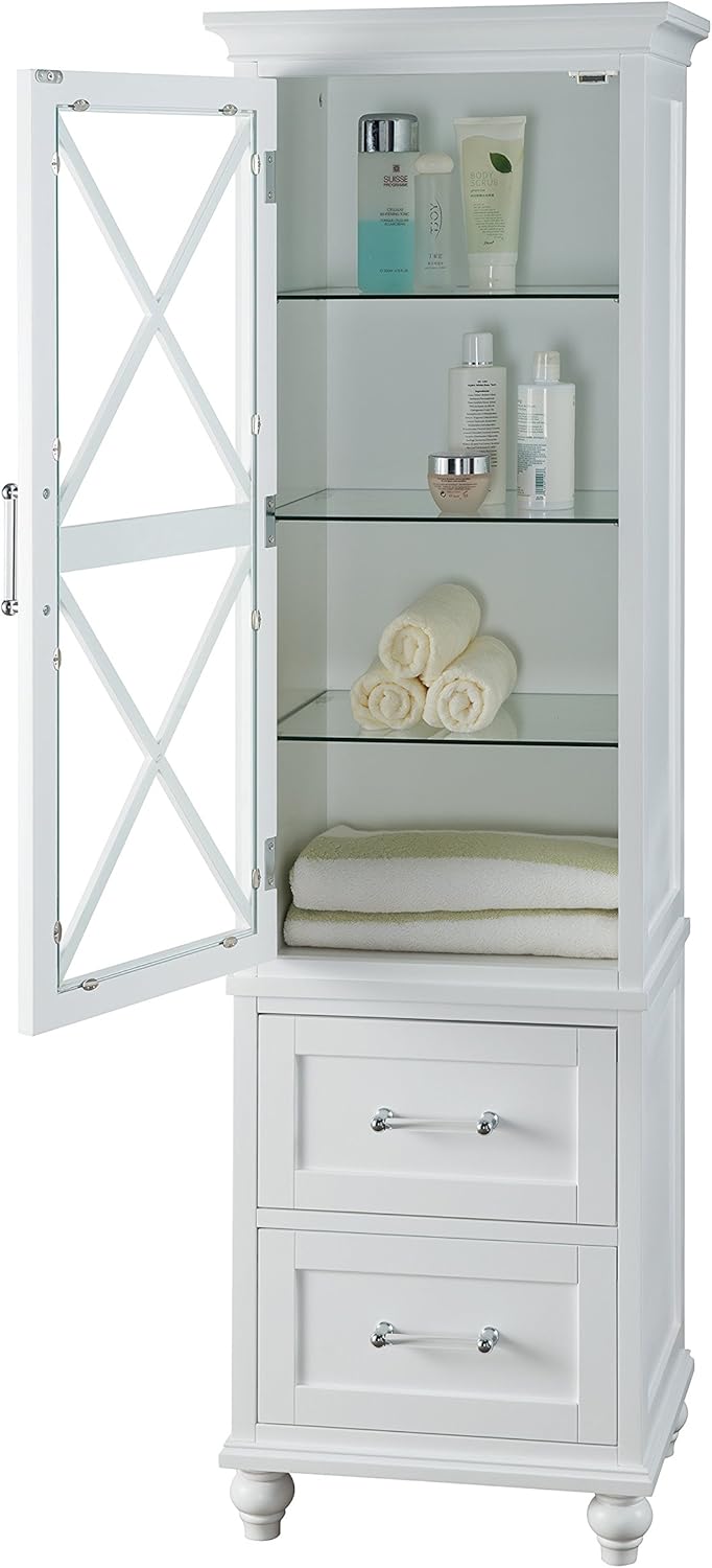 White Linen Tower Tall Narrow Storage Cabinet with 1 Door 3 Glass Tempered Shelves and 2 Drawers K787
