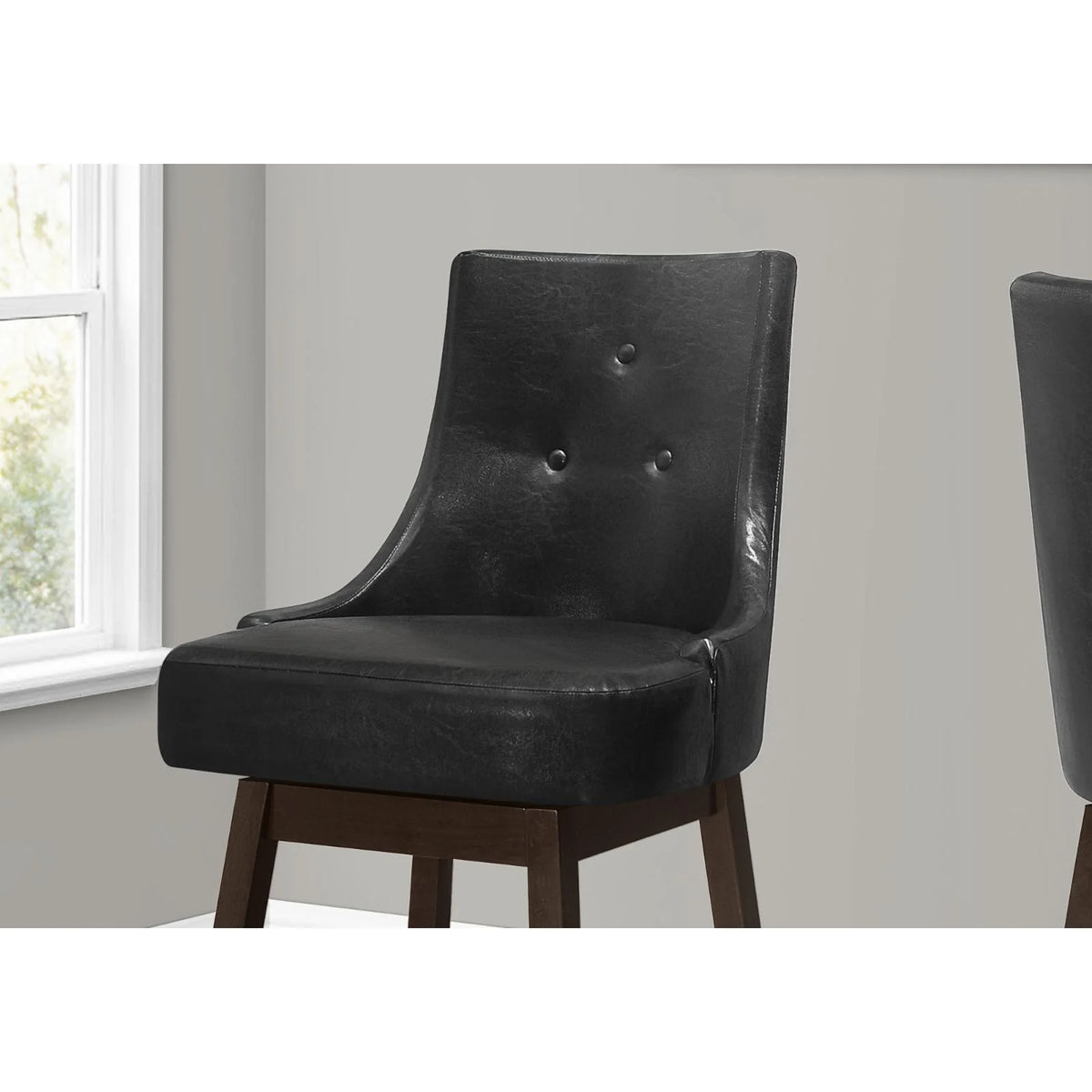 Bar Stool, Set Of 2, Swivel, Bar Height, Brown Wood, Black PU, 45.5" H F472634