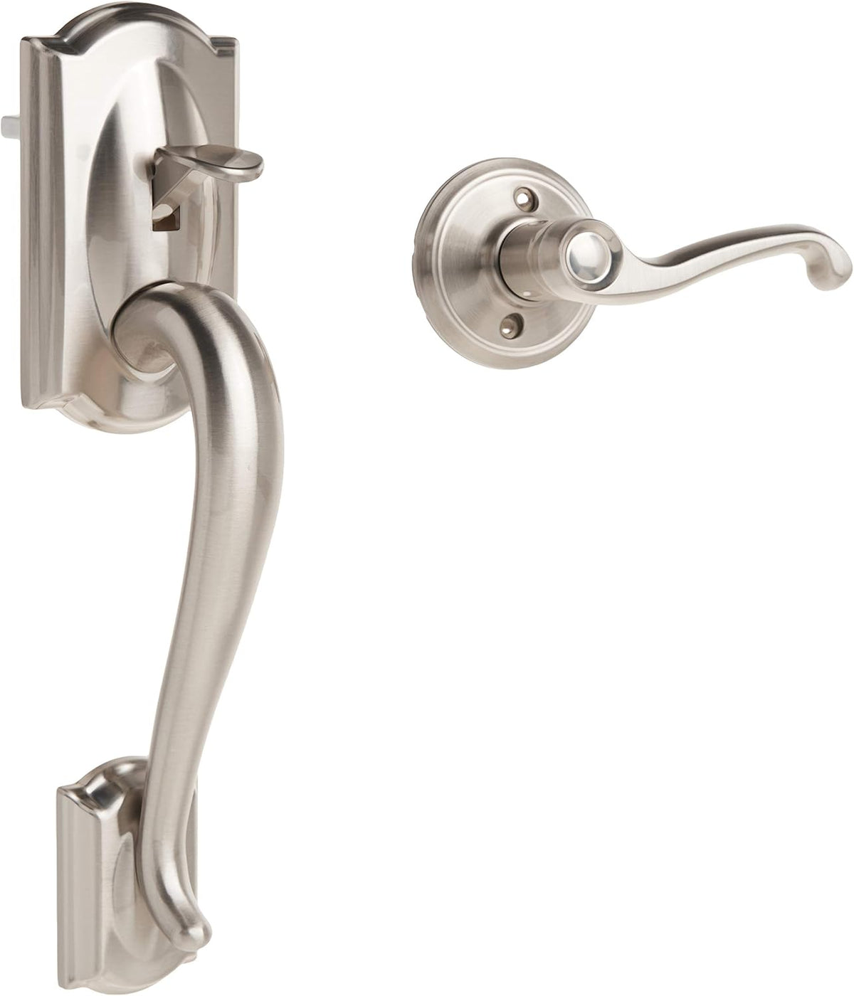 Satin Nickel Smart Deadbolt with Camelot Trim & Front Entry Handleset with Left Hand Lever K65485