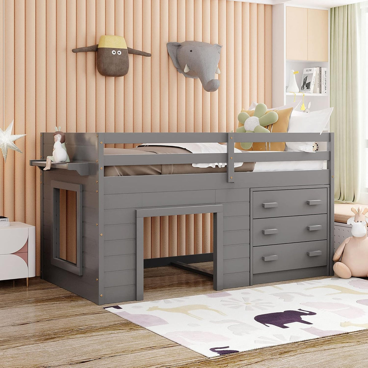 Twin Size Espresso Loft Bed with Desk and Storage Cabinet R8502