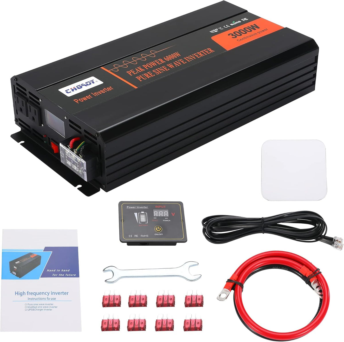 3000W Pure Sine Wave Power Inverter DC 12V to AC 120V with LCD Digital Display Remote Control USB Port H54187