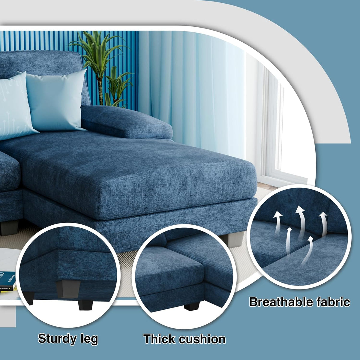 Blue Modular Convertible Sectional Sofa Couch with Double Chaise K932