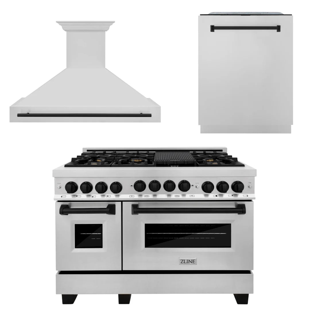 48 In. Gas Range, Range Hood, Dishwasher in Stainless Steel with Matte Black Accents K54779