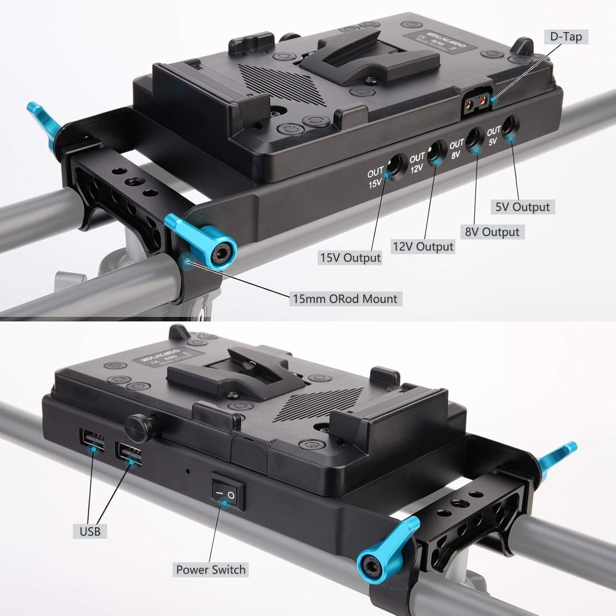 V-Mount Lock Battery Plate Power Supply Splitter Adapter with 15mm Rod Clamp V333770