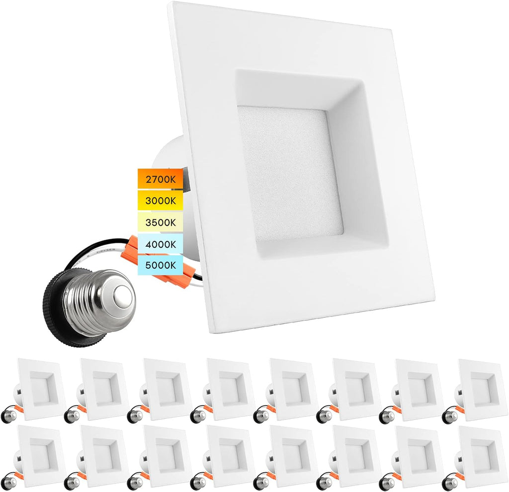 4 Inch Square Recessed LED Can Lights, Selectable CCT, Dimmable, 750 Lumens, CRI 90, Wet Rated (4 Pack) A747