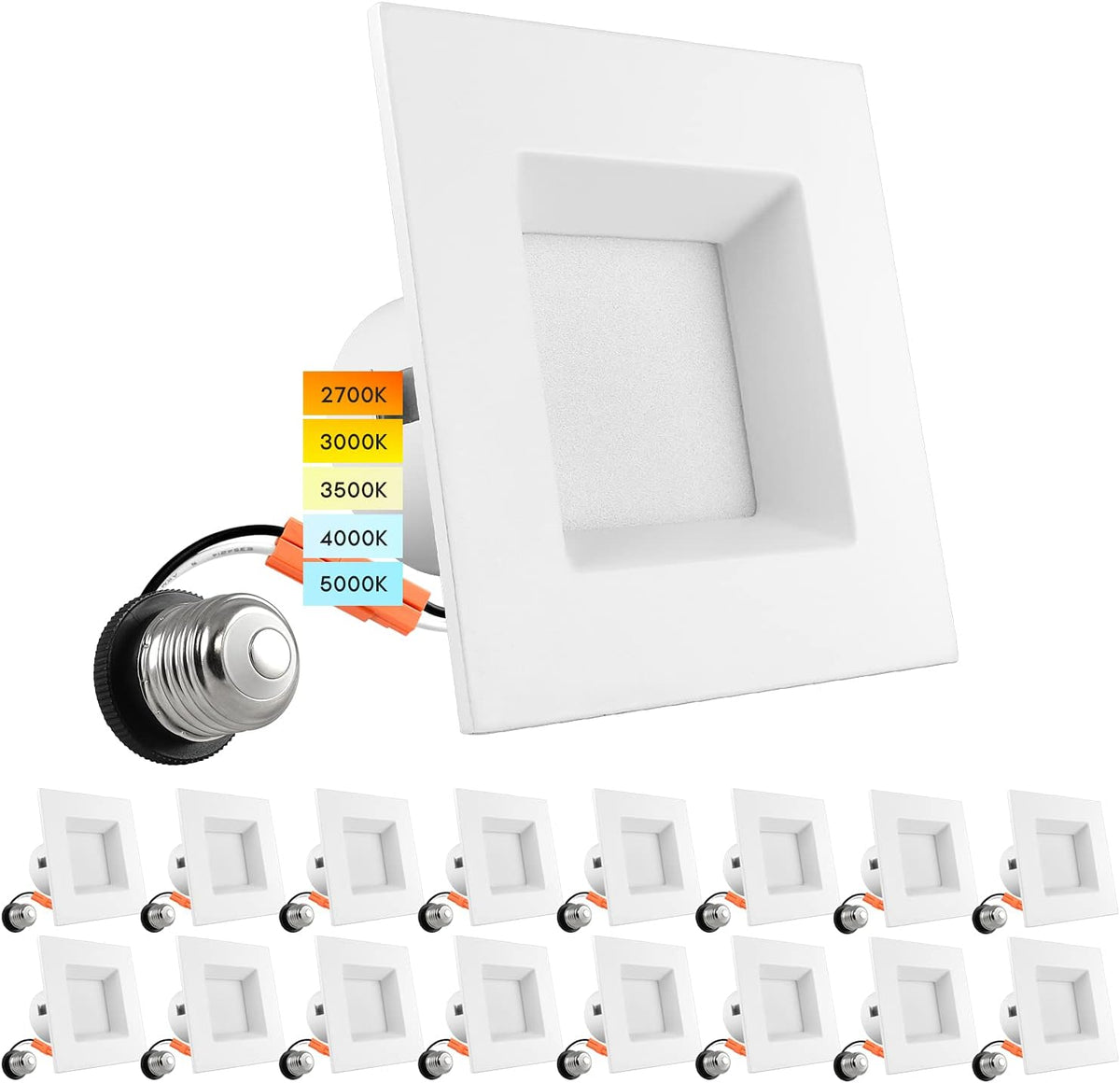 4 Inch Square Recessed LED Can Lights, Selectable CCT, Dimmable, 750 Lumens, CRI 90, Wet Rated (4 Pack) A747
