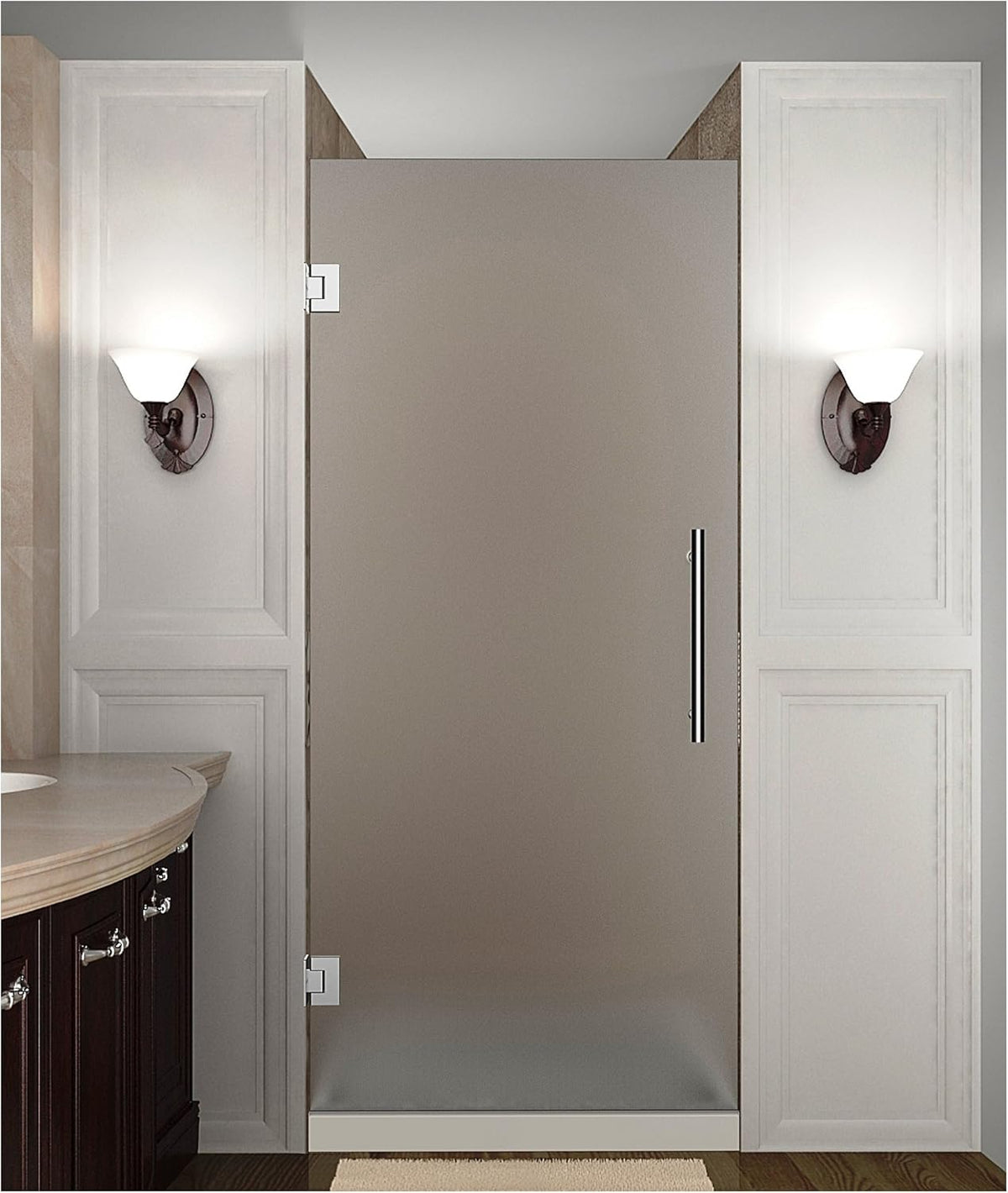 Frameless Hinged Shower Door in Frosted Glass, Brushed Stainless Steel D880