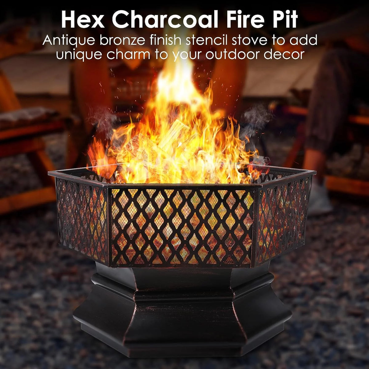28'' Hex Shaped Steel Wood Burning Fire Pit with Spark Screen & Fire Poker A40958