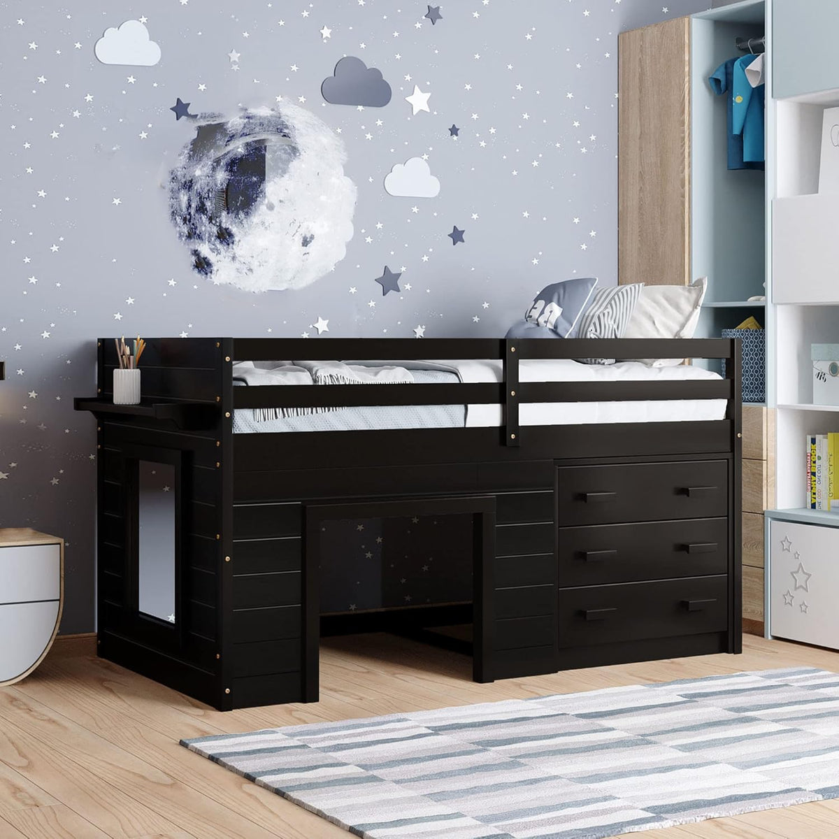 Twin Size Espresso Loft Bed with Desk and Storage Cabinet R8502