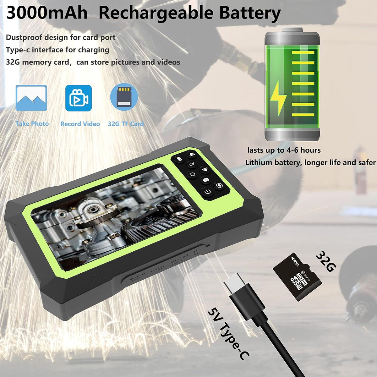Endoscope Camera with Lights, 1080P HD Borescope Camera 4.3 Inch LCD Screen IP67 Waterproof, 3000mAh Battery, 32GB TF Card R667