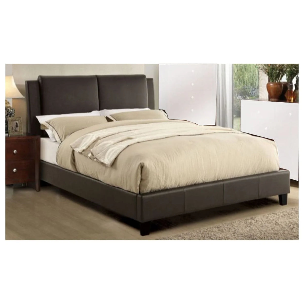 Wooden Queen Bed with Brown PU Headboard E880