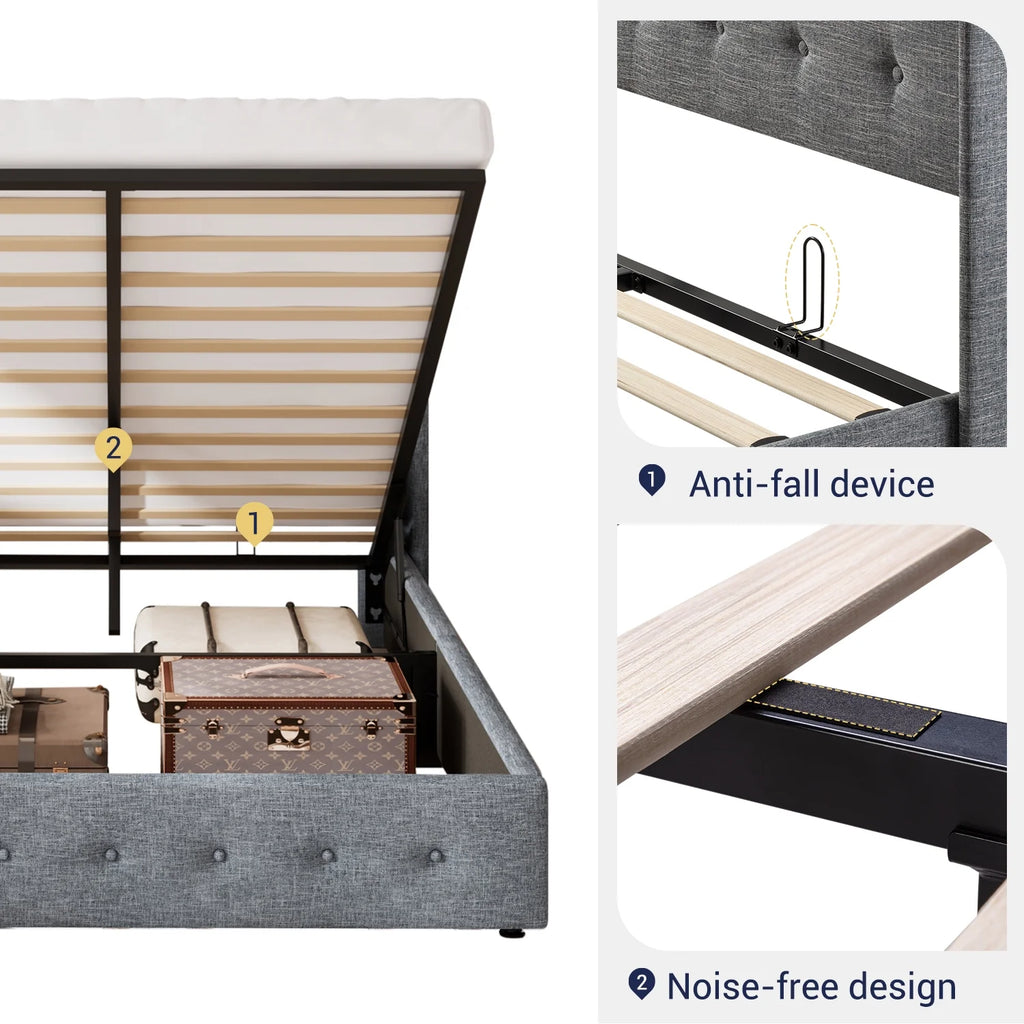 Queen Size Lift Up Storage Bed Frame with Wingback Headboard D6581