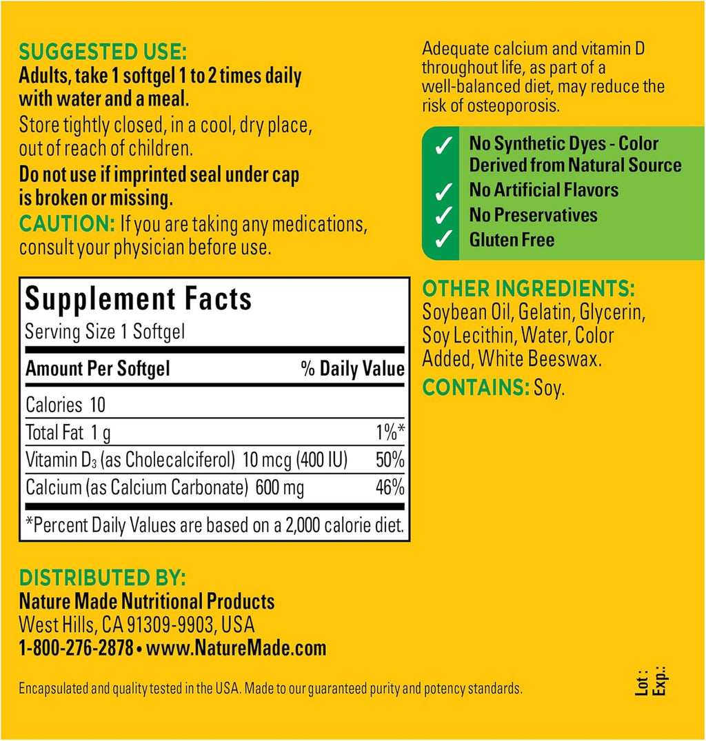 Calcium 600 mg with Vitamin D3 Dietary Supplement 100 Softgels X197