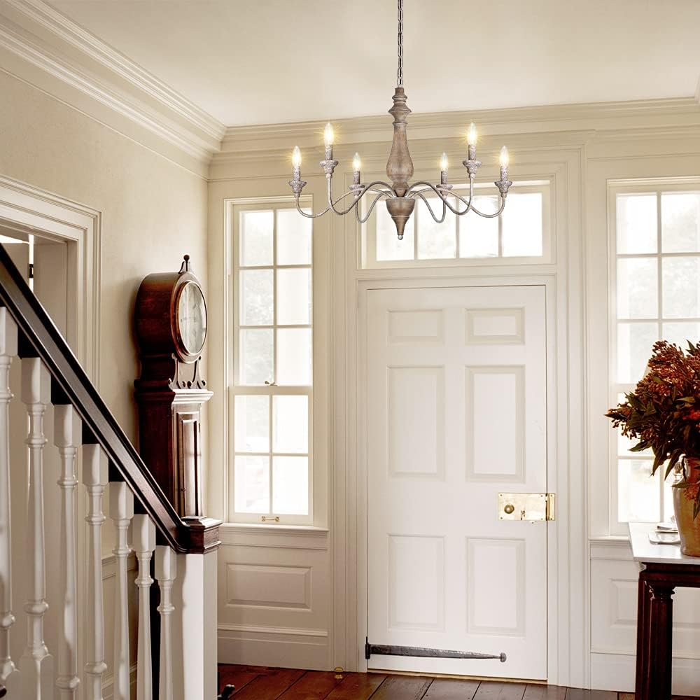 6 Light Rustic Candle Chandelier with Imitation Wood Finish O664147