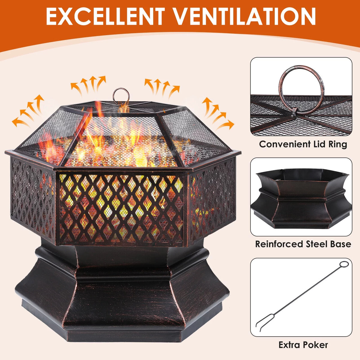 28'' Hex Shaped Steel Wood Burning Fire Pit with Spark Screen & Fire Poker A40958