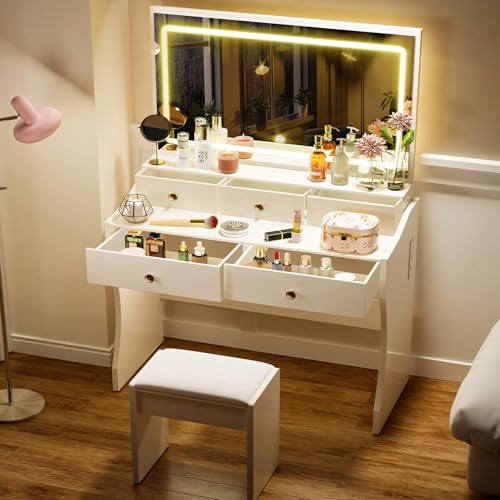 Pure White Vanity Desk and Chair Set with 5 Drawers R319