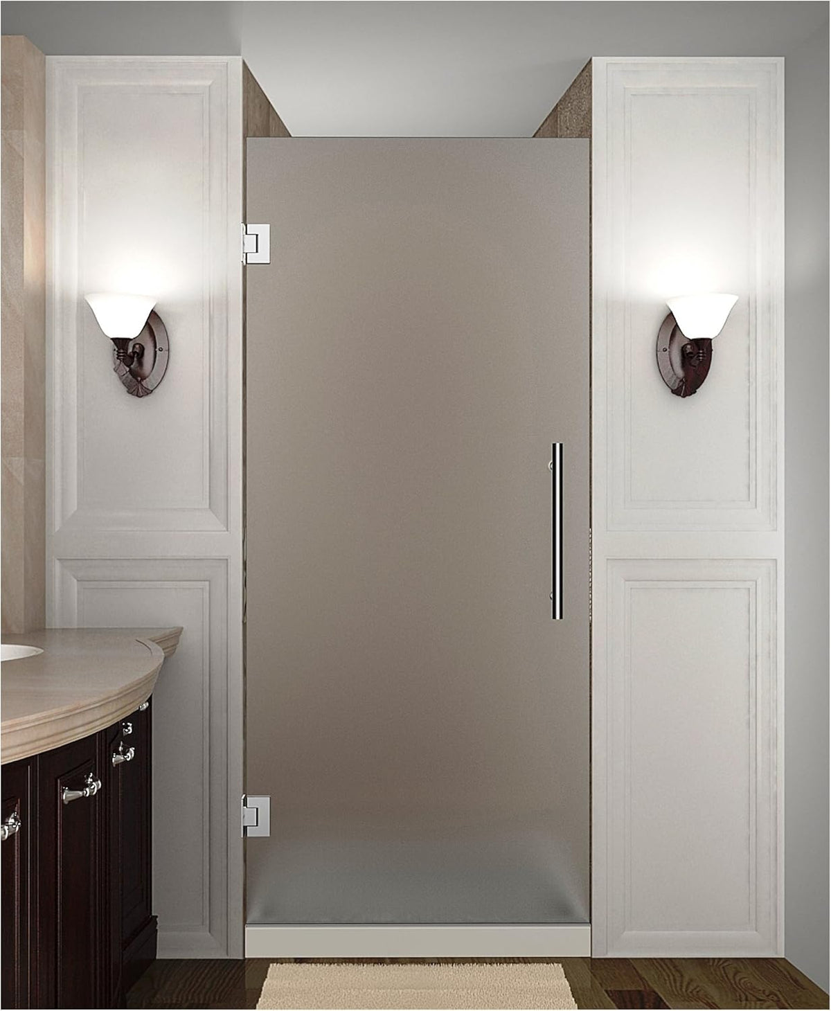 Frameless Hinged Shower Door in Frosted Glass, Brushed Stainless Steel D880