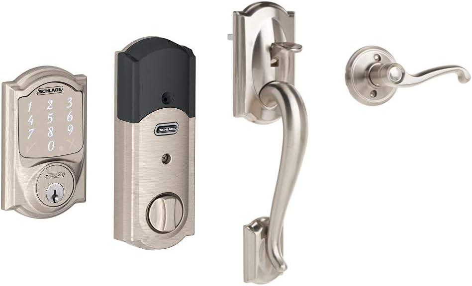Satin Nickel Smart Deadbolt with Camelot Trim & Front Entry Handleset with Left Hand Lever K65485