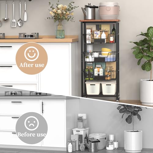 5-Tier Rolling Kitchen Storage Cart with Baskets and Wood Top J8765