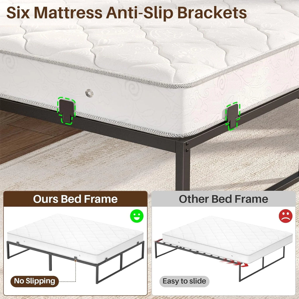 14 Inch Queen Size Metal Platform Bed Frame with Charging Station and LED Lights U4870