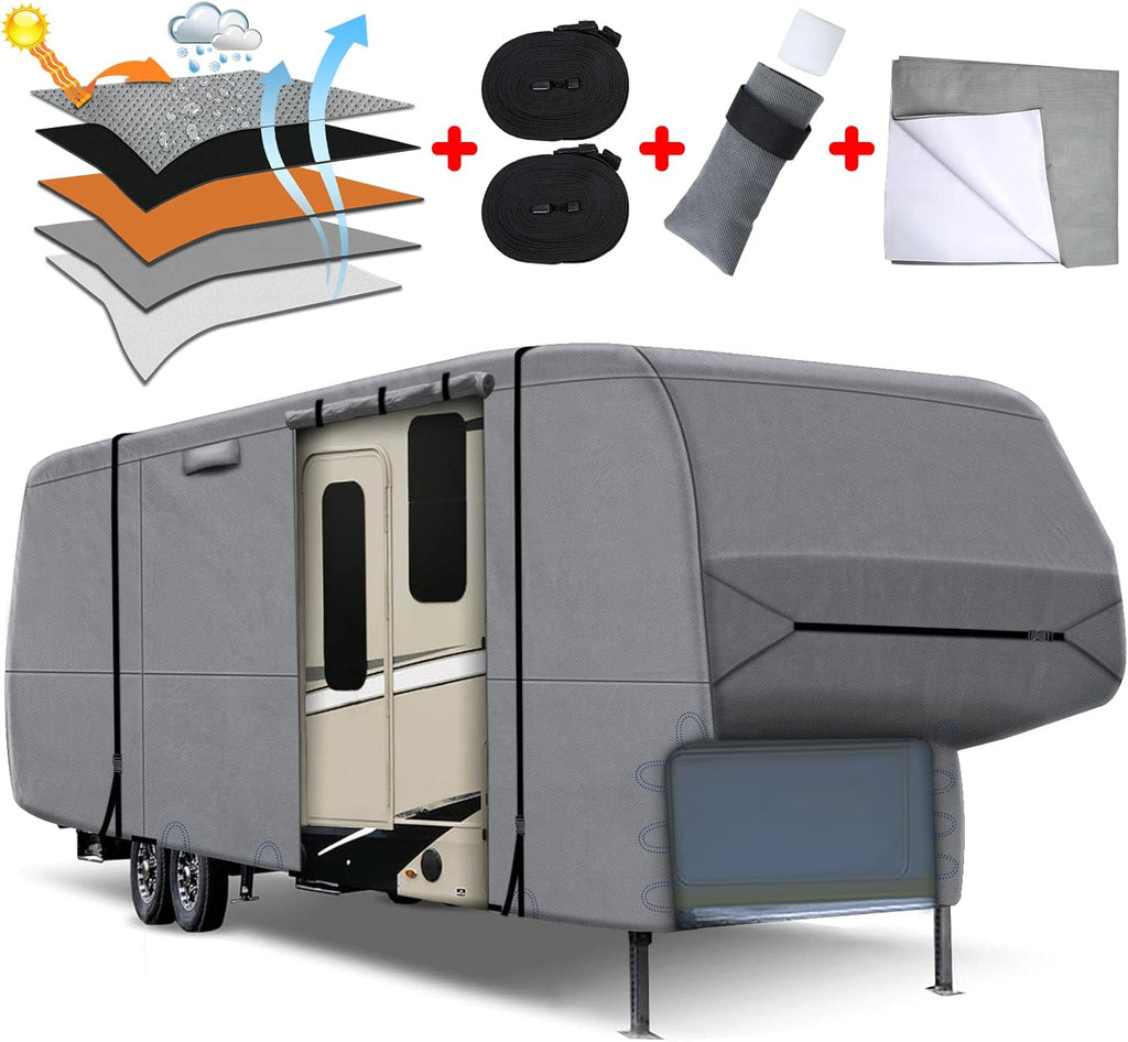 5 Layers Heavy Duty RV Cover with 2Pcs Straps & Gutter Covers J65832