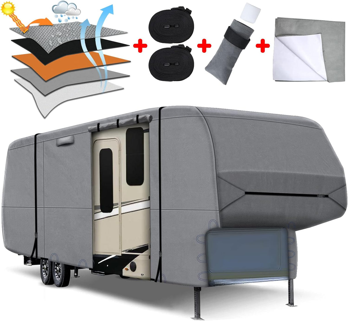 5 Layers Heavy Duty RV Cover with 2Pcs Straps & Gutter Covers J65832