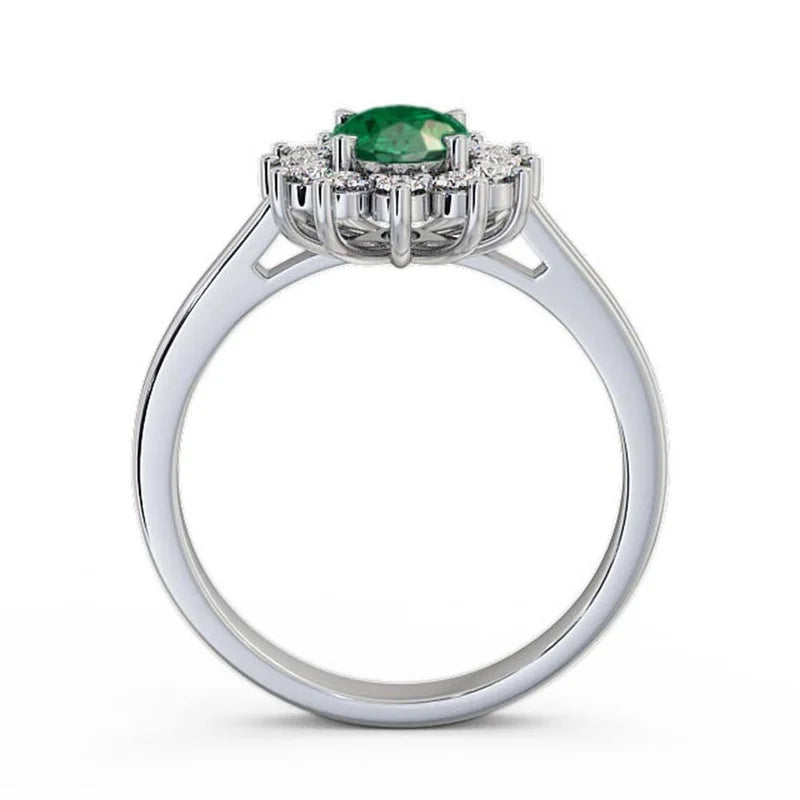14K White Gold Oval Shape Natural Emerald Diamond Ring C41236