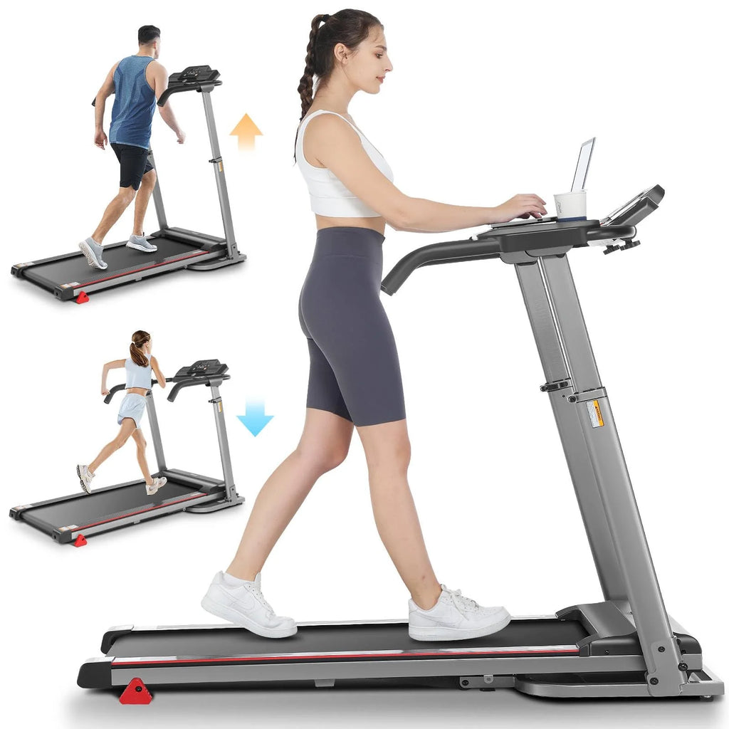 Folding Treadmill with Removable Desk, Adjustable Height, 300lb Weight Capacity, White Y455