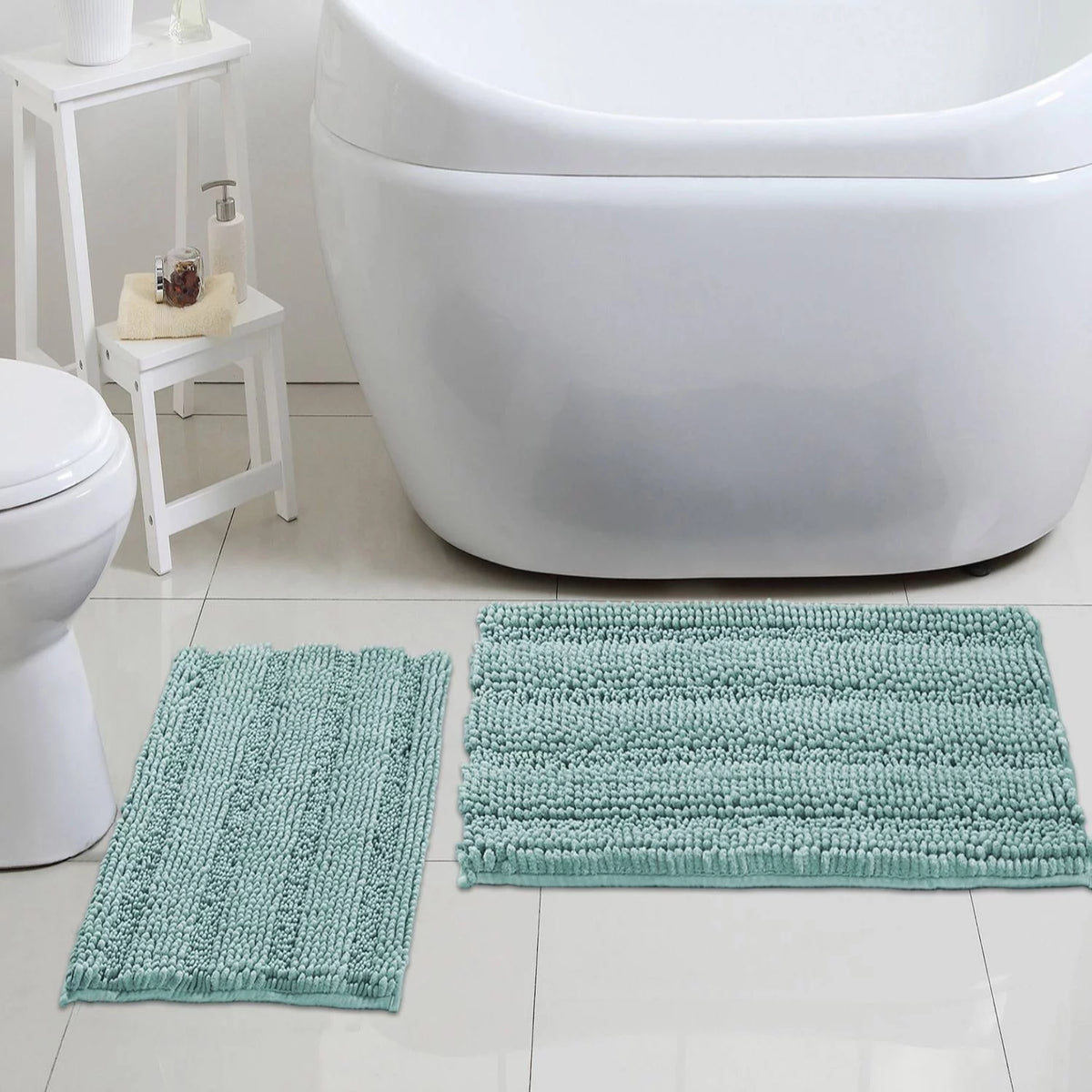 Chenille Bath Mat Set 2 Pieces Duckegg Blue 20" x 32" 17" x 24" S922