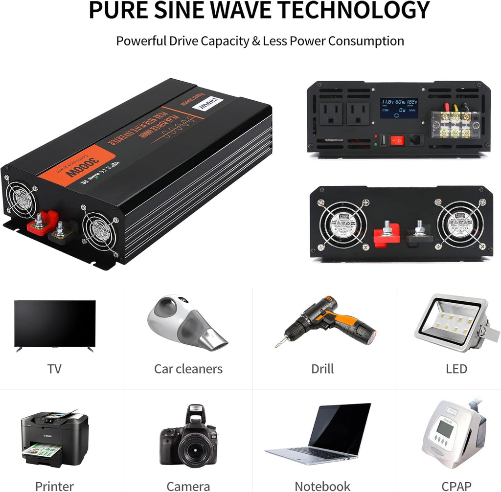 3000W Pure Sine Wave Power Inverter DC 12V to AC 120V with LCD Digital Display Remote Control USB Port H54187