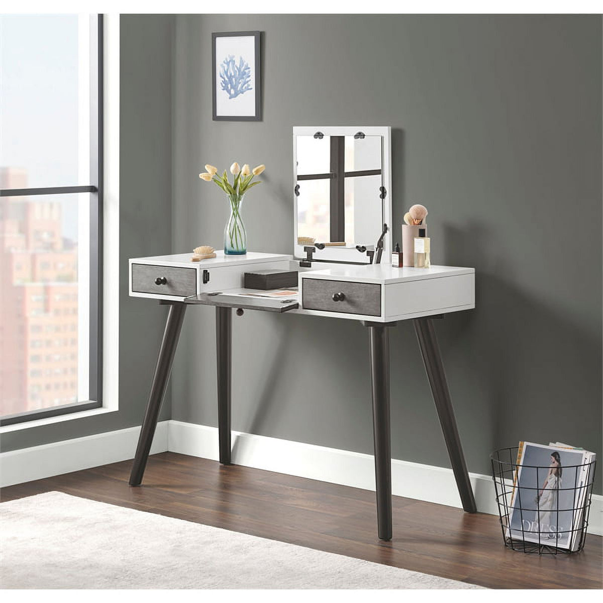 White/Gray/Black Vanity Desk with Mirror T158306
