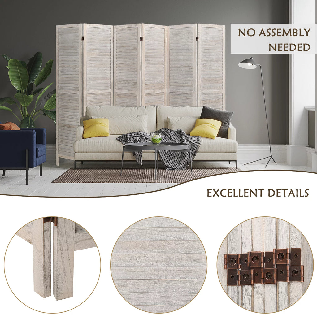 6 Panel Louver-Design Wood Room Divider Folding Screen 5.6 Ft Tall White X939