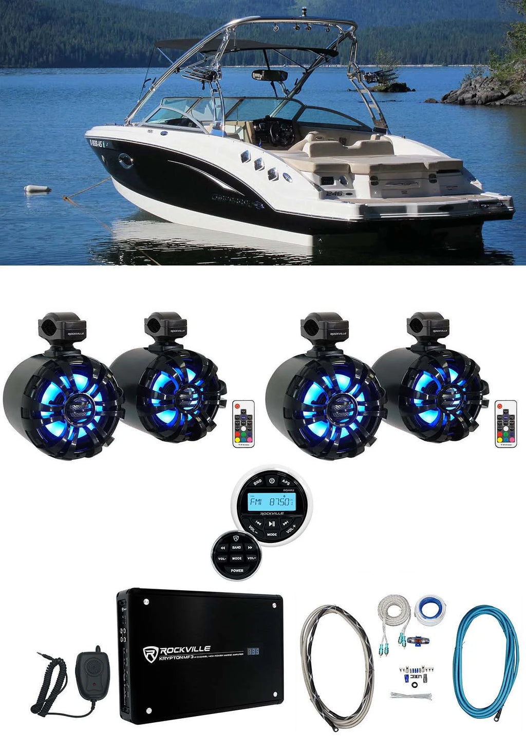 6.5" LED Swivel Black Marine Wakeboard Speakers with Receiver Amp Wires C176054