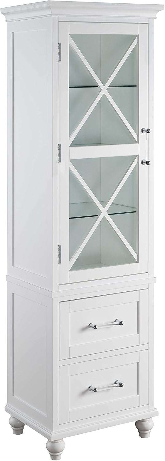 White Linen Tower Tall Narrow Storage Cabinet with 1 Door 3 Glass Tempered Shelves and 2 Drawers K787