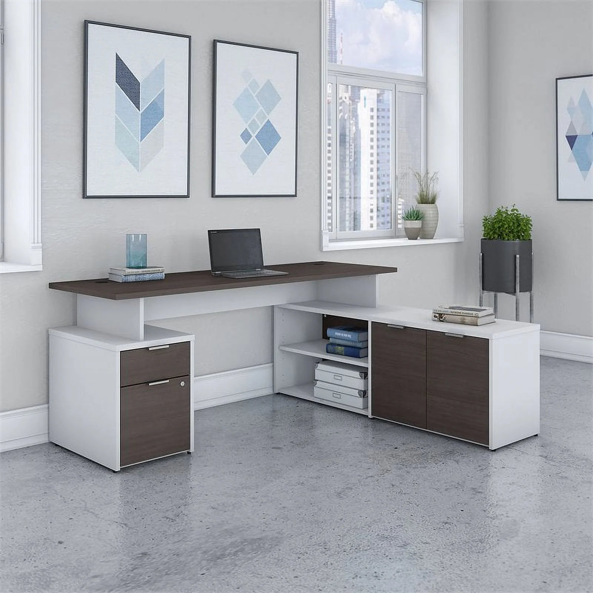 72" L Shaped Desk in White and Storm Gray N258695