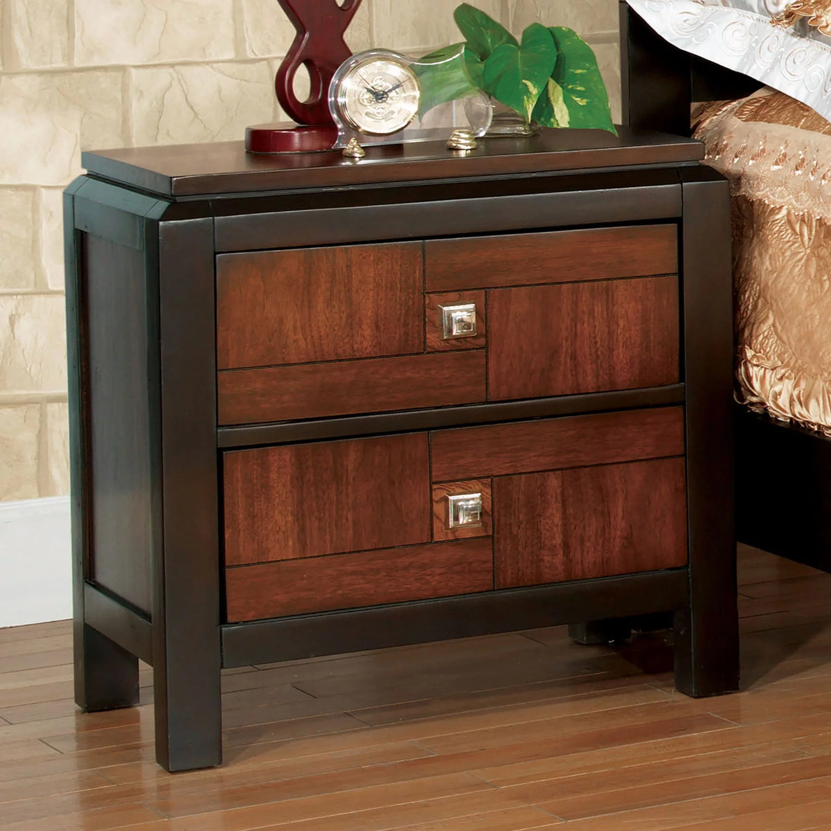 Walnut Acacia Finish 3pc Eastern King Size Bed and 2 Nightstands T80787