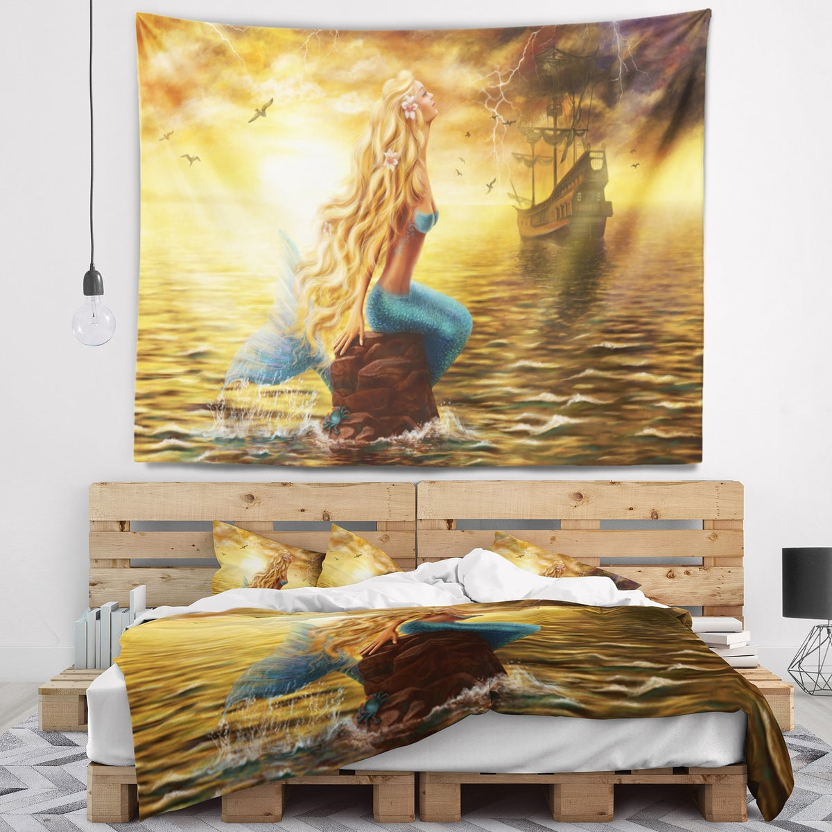 Sea Mermaid with Ghost Ship Seascape Wall Tapestry Q9011