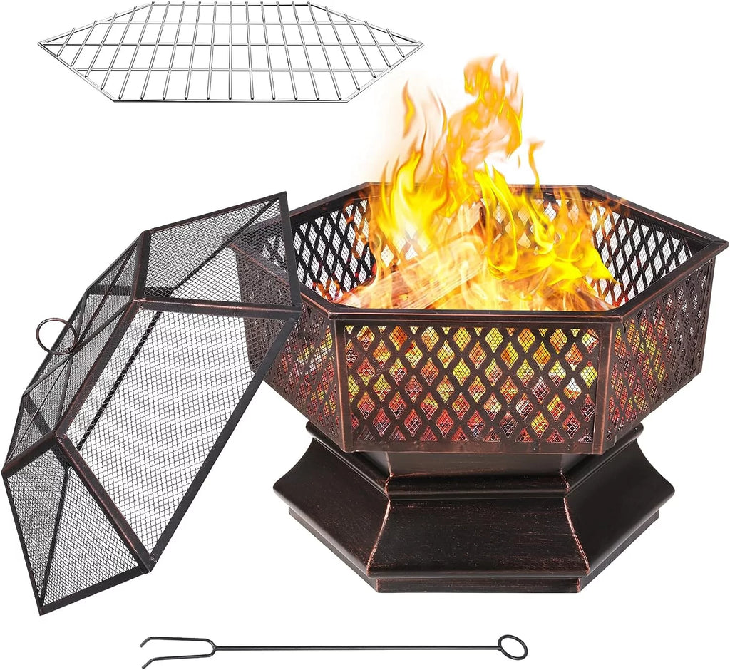 28'' Hex Shaped Steel Wood Burning Fire Pit with Spark Screen & Fire Poker A40958